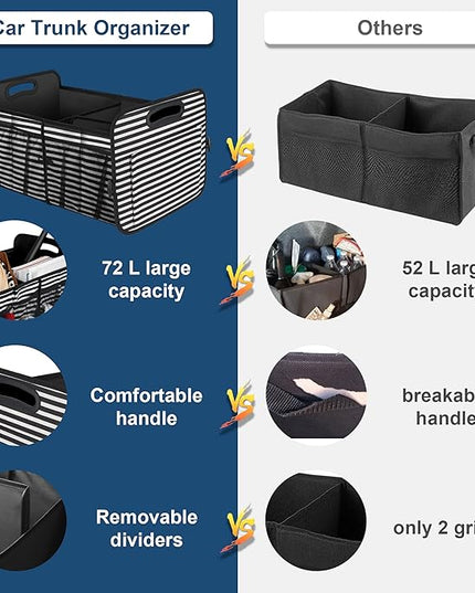 Femuar Car Trunk Organizer,Car Storage Organizer with 72L Large Capacity Waterproof Collapsible and 11 Pockets,Trunk Organizer for Car Suv/Jeep/Sedan, Large Size, Stripe