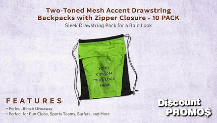 DISCOUNT PROMOS 10 Mesh Accent Drawstring Backpacks Set - Customizable Text, Logo - Two Tone, Front Pocket, Side Mesh - Lime Green