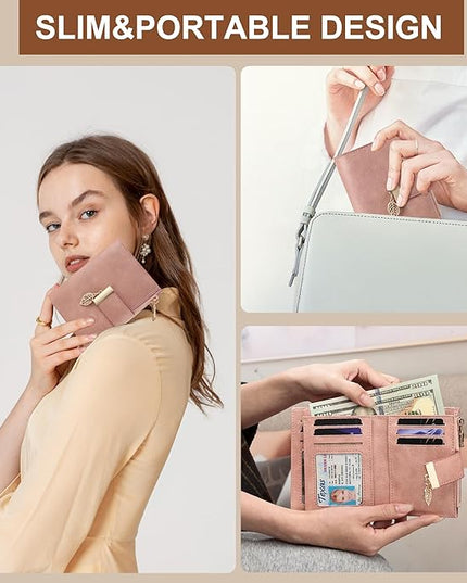 yiijay Small Wallet Women RFID Blocking Leather Bifold Wallet Credit Card Holder for Women Ladies Compact Wallet Mini Purse With Zipper Pocket
