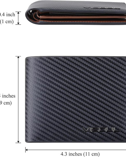 VISOUL Leather Mens Bifold RFID Blocking Wallet with 2 ID Windows, Leather Wallet for Men (Carbon Fiber, Black+Brown)