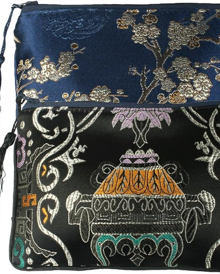 kilofly 2 pc Chinese Silk Brocade Padded Tassel Zipper Jewelry Bag Gift Pouch set2 A