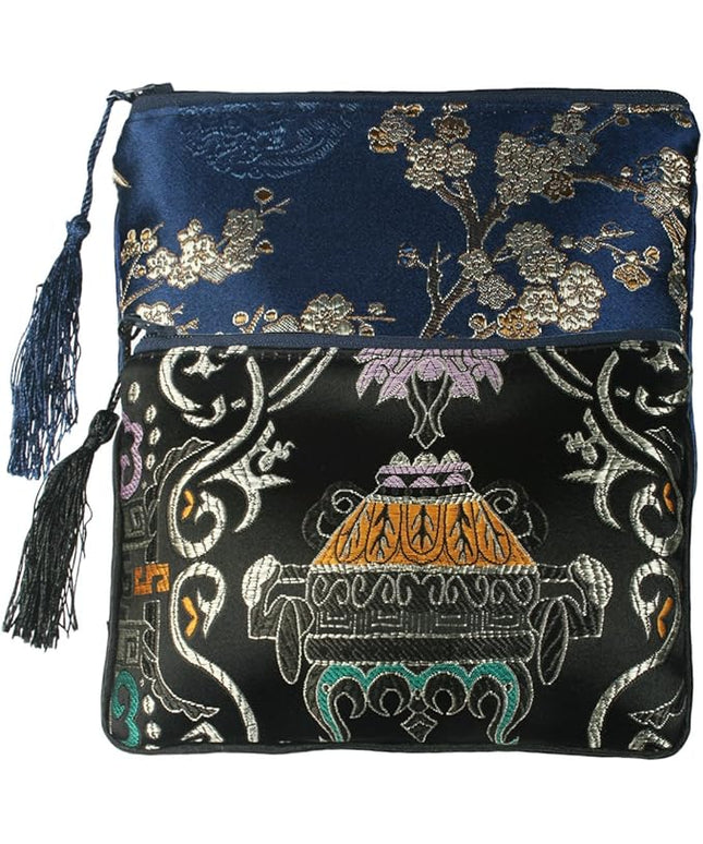 kilofly 2 pc Chinese Silk Brocade Padded Tassel Zipper Jewelry Bag Gift Pouch set2 A