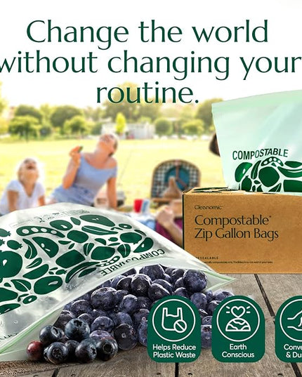 Cleanomic Compostable* Gallon Size Food Storage Bags (25 Eco Zip) Freezer and Leak Proof, Also Available Quart, Snack and Sandwich Bags