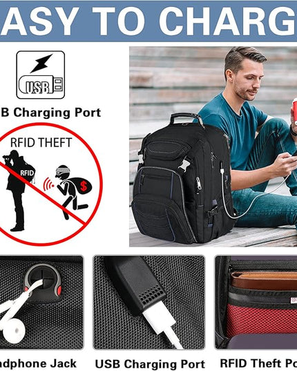 18.4 Inch Laptop Backpack,Extra Large Travel Backpack with USB Charger Port for Men Women,60L Big Capacity Heavy Duty Computer Bag TSA Friendly RFID Anti Theft Pocket Backbag,21.2*15.5*11.5 inch Blue