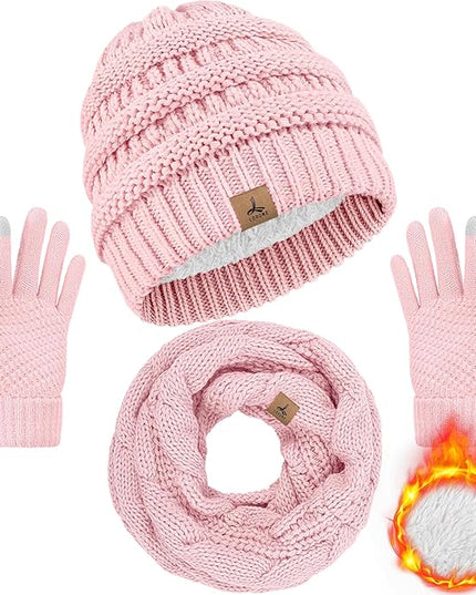 Winter Beanie Hat Scarf Gloves, Warm Fleece Knit Hats Touch Screen Gloves Neck Scarf Set Winter Gifts for Unisex Adult