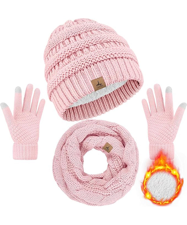 Winter Beanie Hat Scarf Gloves, Warm Fleece Knit Hats Touch Screen Gloves Neck Scarf Set Winter Gifts for Unisex Adult