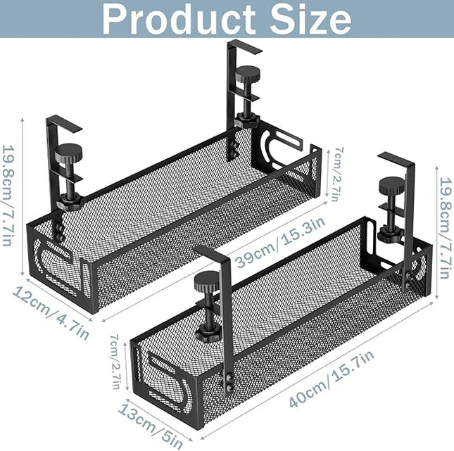 Cable Management, 2 Pack Cable Management Under Desk No Drill, Metal Cord Organizer with Clamp for Standing Desk, Cable Organizer for Home Office, Black