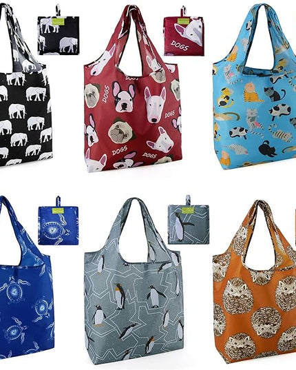 BeeGreen Heavy Duty Bulk Large Reusable Grocery Bags 6 Pack - Foldable Sturdy Recycled Cloth Animal Print Shopping Totes with Handles -Reusable Gifts Bags for Groceries, Travel, Storage & Women