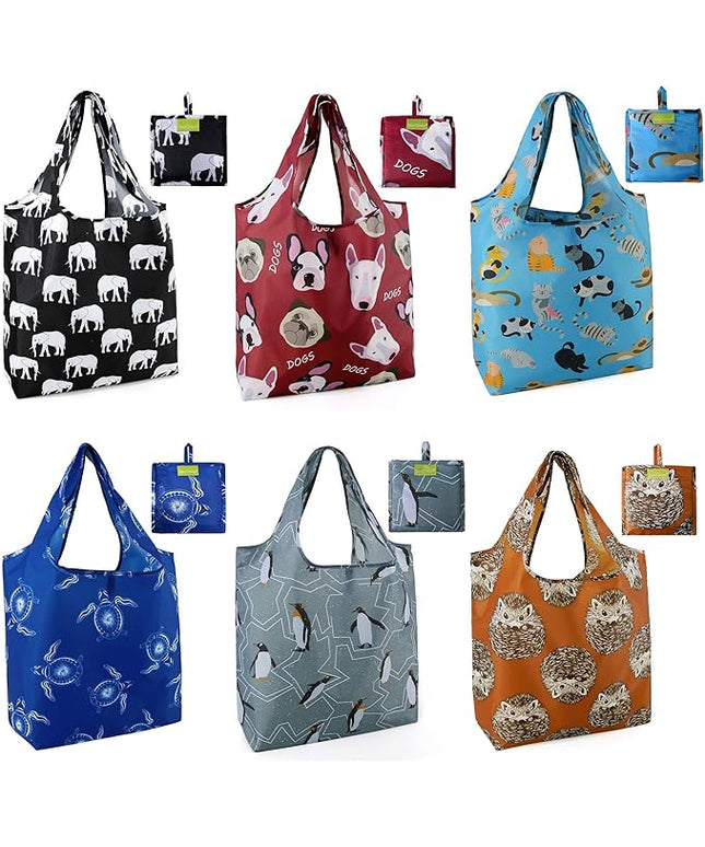 BeeGreen Heavy Duty Bulk Large Reusable Grocery Bags 6 Pack - Foldable Sturdy Recycled Cloth Animal Print Shopping Totes with Handles -Reusable Gifts Bags for Groceries, Travel, Storage & Women