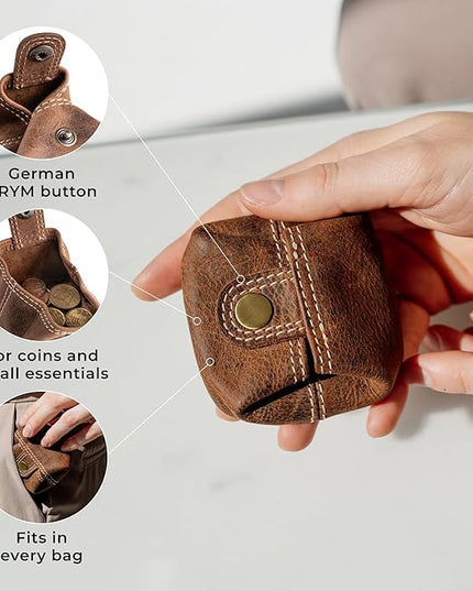 Berliner Bags Vintage Genuine Leather Coin Pouch Lena, Change Purse for Women and Men, Coin purse with snap - Brown