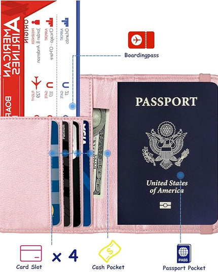 TOURSUIT RFID Passport and Vaccine Card Holder Combo, Travel Document Case Cover, Leather Wallet Organizer Women with Vax Vaccination Protector Slot (Rose Gold)