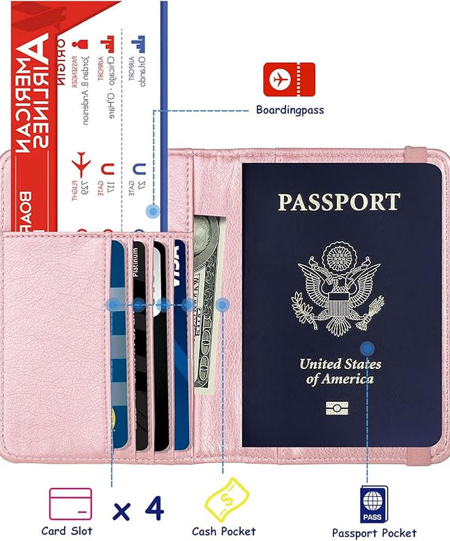 TOURSUIT RFID Passport and Vaccine Card Holder Combo, Travel Document Case Cover, Leather Wallet Organizer Women with Vax Vaccination Protector Slot (Rose Gold)