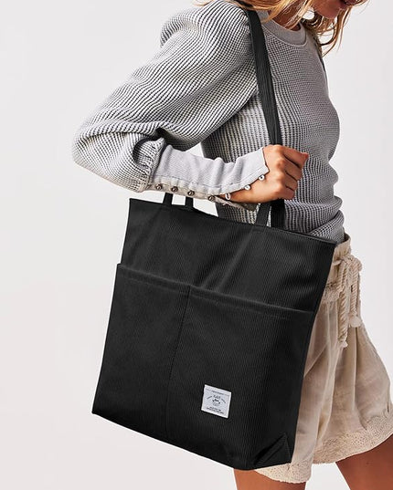 KALIDI Women Corduroy Tote Bag Zipper Casual Tote's Handbag Big Capacity Shoulder Bag with Pockets