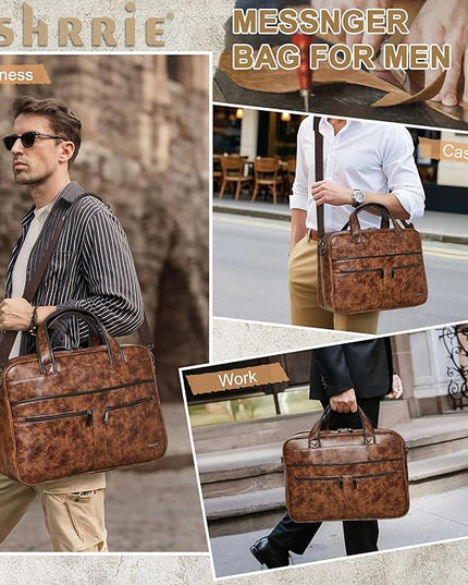 Shrrie Leather Messenger Bag for Men&Women 16 inch Laptop Bag,Water-Resistant Retro Leather Briefcase for Men Business,Work