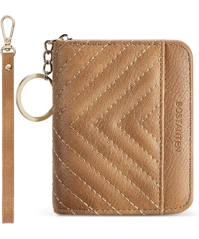 BOSTANTEN Credit Card Holder Wallet RFID Blocking Leather Small Wallet for Women Zipper Keychain Wallet with Wristlet Camel