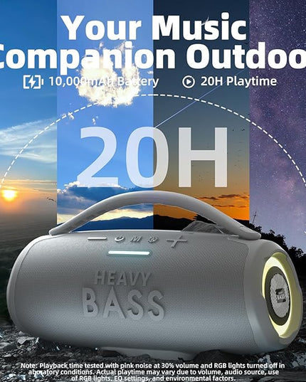 HEAVY BASS Speakers Bluetooth Wireless, 80W Max Loud Portable Speaker with Bass, 20H Playtime, IPX6 Waterproof, Dual Pairing, Gift Ideal for Adults Men Women Teen Boys Girls (Gray, Large)