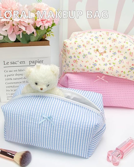 PAZIMIIK Cozy Makeup Bag Travel Cosmetic Bag for Women Soft Toiletry Bag Aesthetic Makeup Organizer Portable Large Zipper Pouch for Skincare Beauty Accessories Brushes Stripe Blue