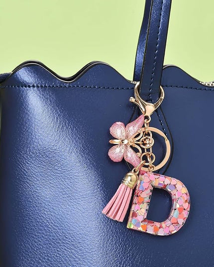 Fashion Alphabet Initial Letter Keychain Tassel Butterfly Pendant Key Ring for Purse Handbags Women Girl