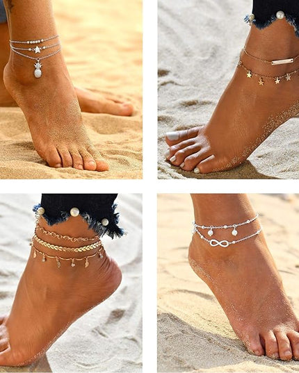 Starain 12Pcs Summer Beach Anklets for Women Waterproof Gold Silver Chain Ankle Bracelets Cute Women's Foot Anklet Set 7.9-10.5 inch Adjustable