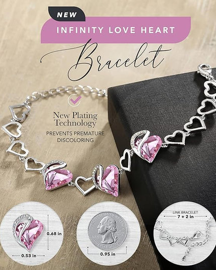 Leafael Infinity Love Heart Link Bracelets, Birthstone or Healing Stone Crystal Bracelet for Women, Silver Tone Jewelry Gifts for Her, 7-inch Chain and 2-inch Extender