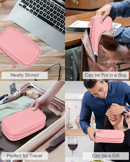 FYY Electronic Organizer, Travel Bag, Pouch, Carry Case Portable Waterproof Double Layers for Cable, Cord, Charger, Phone, Earphone Pink