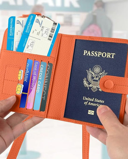 Passport Holder RFID Protected Wallet and Luggage Tag with Protection Cover Travel Accessories Leather Card Case Organizer for Women Men (Orange)