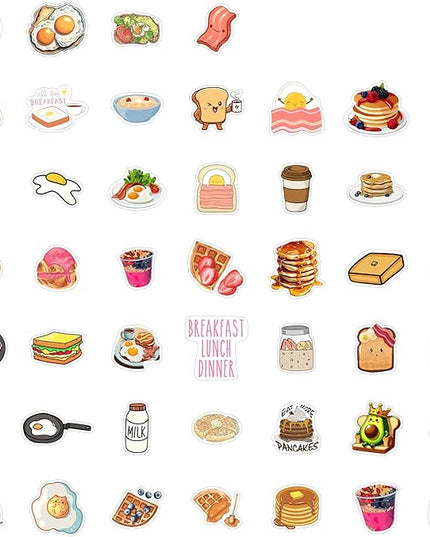 BulbaCraft Cute Breakfast Food Stickers for Scrapbooking, Water Bottle & Laptop - Breakfast Party Supplies & Decorations, Kawaii Food Stickers, Waterproof Vinyl Decals, Gifts for Women & Men