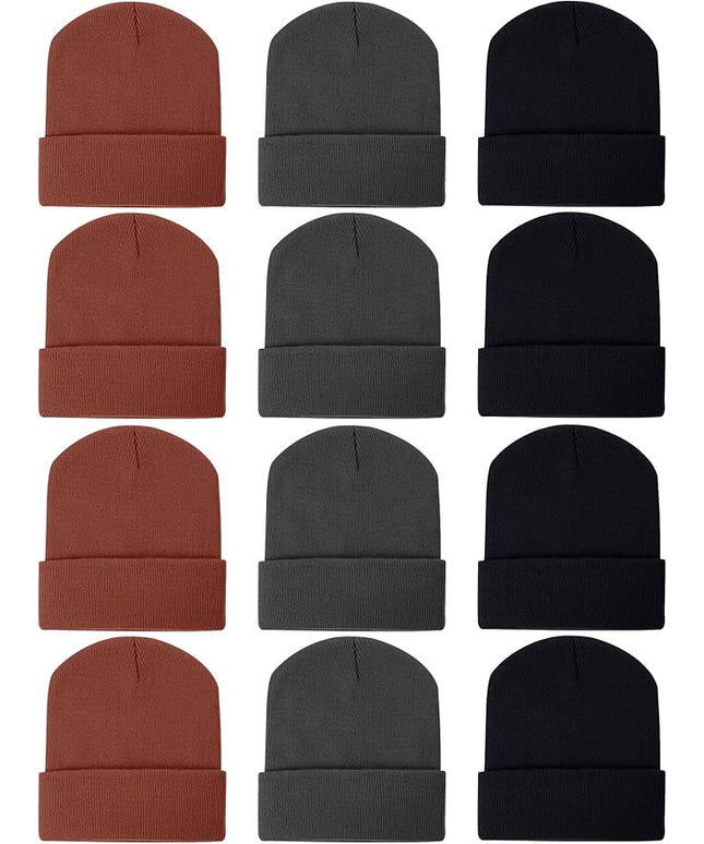 Zhanmai 12 Pack Small Winter Beanie Hats Bulk Warm Knitted Cuffed Skull Cap for Men Women