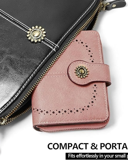 TFKGS Small Womens Wallet Leather RFID Blocking Bifold Compact Card Holder Ladies Zipper Accordion Pocket with ID Window Pink