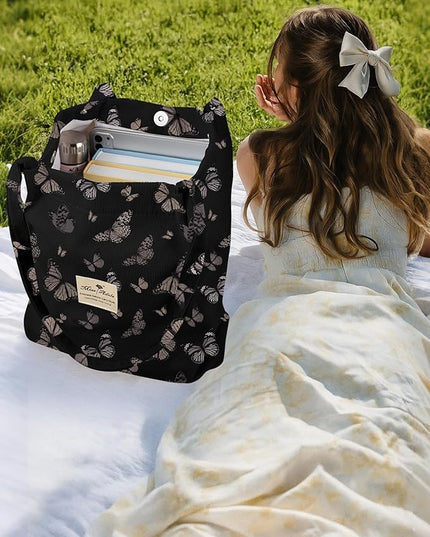 Corduroy Tote Bag for Women - Reusable Totes with Pocket & Buckle Cute Aesthetic Shoulder Bag for Work Travel