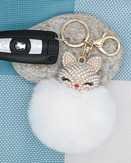 Faux Rabbit Fur Ball Pom Pom Keychain with Fox Head Studded with pearl Rhinestone for Womens Bag Car Key Decoration