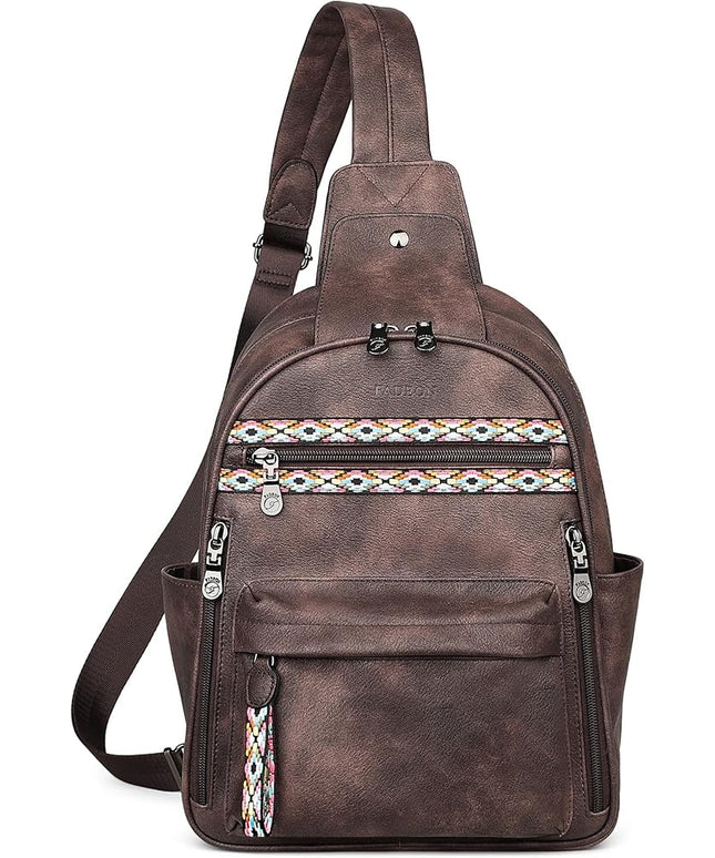 FADEON Large Sling Bag for Women, Leather Crossbody Purse Designer Anti Theft Sling Backpack, RFID Fanny Packs for Travel