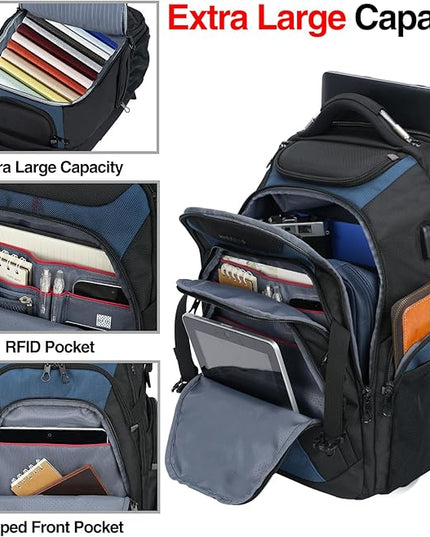 KROSER Travel Laptop Backpack 18.4 Inch XXXL Gaming Backpack with Hard Shell Saferoom RFID Pockets Water-Repellent Business College Daypack Stylish Laptop Bag for Men/Women-Black Haze Blue
