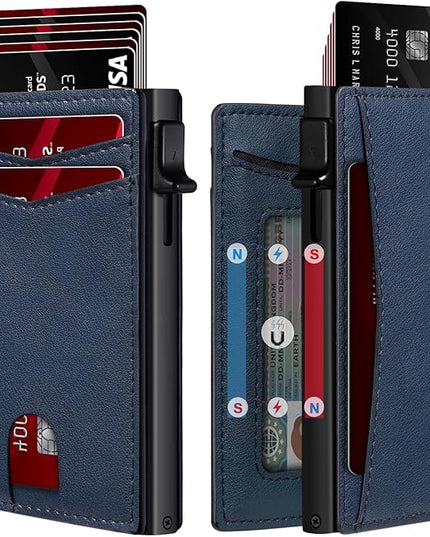 RUNBOX Slim Card Wallet for Men with ID Window – Minimalist RFID Wallet, Pop-Up Function, Ultra Thin Design, Metal Business Card Case Holds 8+ Cards, Gifts for Men, Men's Accessories