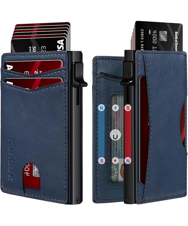 RUNBOX Slim Card Wallet for Men with ID Window – Minimalist RFID Wallet, Pop-Up Function, Ultra Thin Design, Metal Business Card Case Holds 8+ Cards, Gifts for Men, Men's Accessories