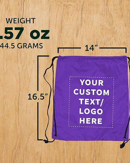 DISCOUNT PROMOS Custom Classic Polyester Drawstring Bagpack Set of 10/50/100, Personalized Bulk Pack - Great for Travelling, Gym and for Everyday Use - Purple