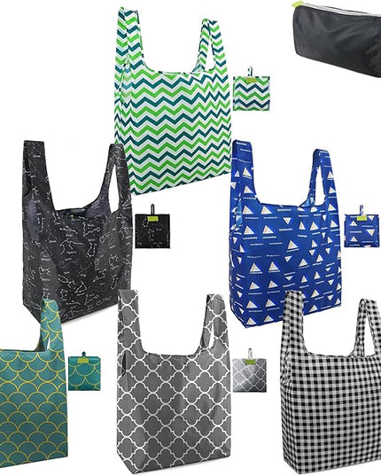 BeeGreen Geometry Reusable Grocery Bags Bulk 6 Packs X-Large, Reusable Shopping Bags Foldable for Groceries, Vegetables, Fruits Watertight Bulk Tote Bags Washable For Women and Men