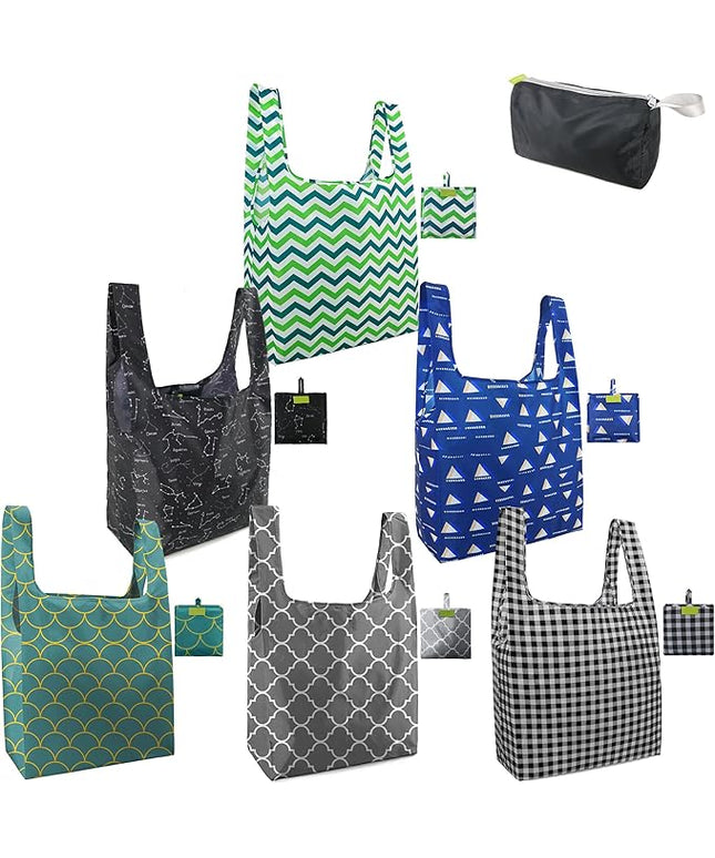BeeGreen Geometry Reusable Grocery Bags Bulk 6 Packs X-Large, Reusable Shopping Bags Foldable for Groceries, Vegetables, Fruits Watertight Bulk Tote Bags Washable For Women and Men