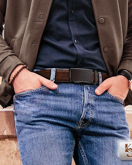 KEMISANT Men Belt 2 Pack, Leather Ratchet Belt Easy Click Slide For Men 1 3/8",Cut for Fit