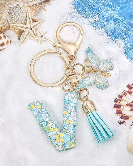 Fashion Alphabet Initial Letter Keychain Tassel Butterfly Pendant Key Ring for Purse Handbags Women Girl