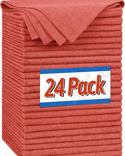 FIXSMITH Microfiber Cleaning Cloth, Shop Towels Bulk, 24 Pack Red Microfiber Towels for Cars, All-Purpose Absorbent Cleaning Rags, Dust Cloth for Automotive, Mechanic, Garage, Bar, 12 x 11 inch