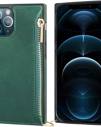 Bocasal Crossbody Wallet Case for iPhone 12 Pro Max with Card Holder,Zipper Card Slot Protector Shockproof Purse Cover with Removable Cross Body Strap 6.7 Inch(Green)