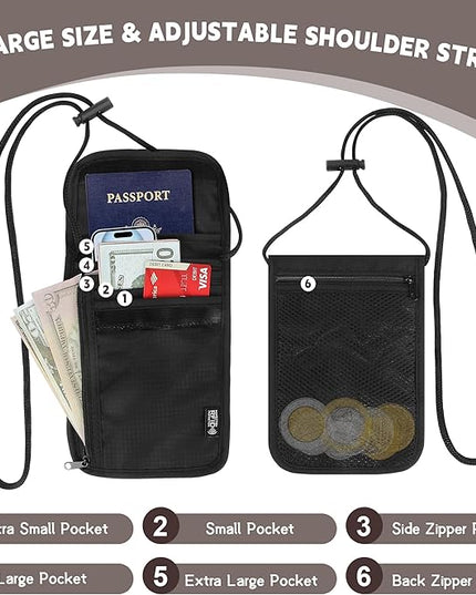 5.5" L x 7.9" W Travel Neck Wallet, RFID Blocking Passport Holder, Security Lightweight Passport Travel Wallet, Neck Pouch Gifts for Women Men(Black)