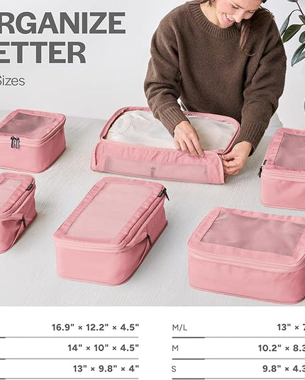 Aerotrunk Compression Packing Cubes for Travel - Luggage Organizer Bags - Double Zipper Packing Cubes for Suitcases (6-Pack, Rose)