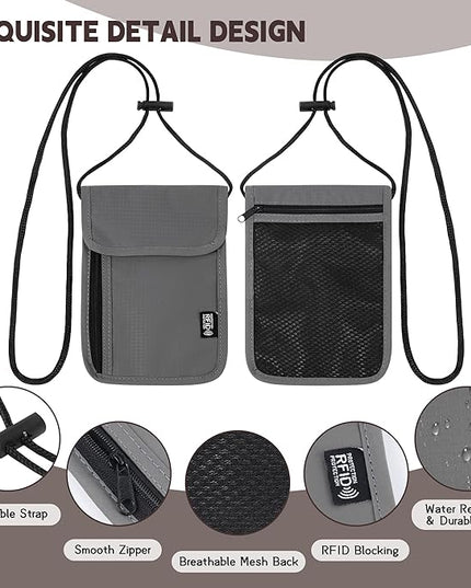 5.5" L x 7.9" W Travel Neck Wallet, RFID Blocking Passport Holder, Security Lightweight Passport Travel Wallet, Neck Pouch Gifts for Women Men(Grey)