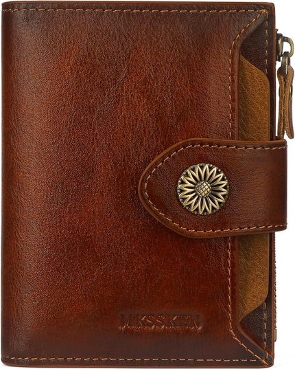 MKSSKEN RFID Wallet Women,Bifold Leather Womens Wallet,Compact Designer Carteras Para Mujer Card Holder with Removable ID Window(darkbrown)