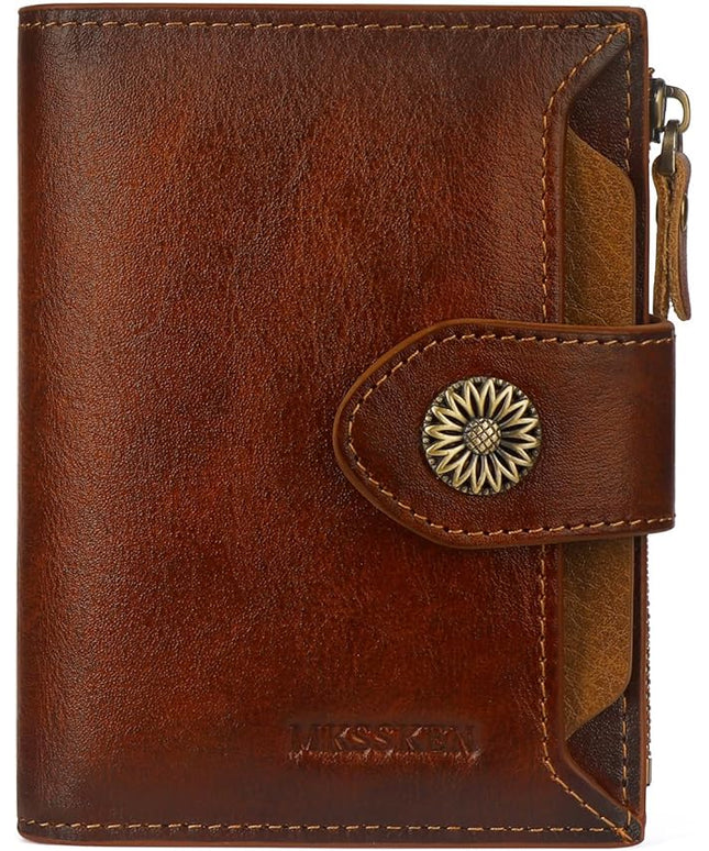 MKSSKEN RFID Wallet Women,Bifold Leather Womens Wallet,Compact Designer Carteras Para Mujer Card Holder with Removable ID Window(darkbrown)
