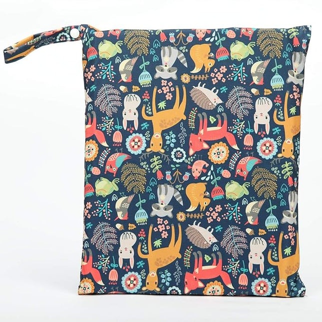 Wet Bag Baby Cloth Diaper Nappy Insert Reusable Washable With Two Zipper Pockets (Forest Animal Fox Owl)