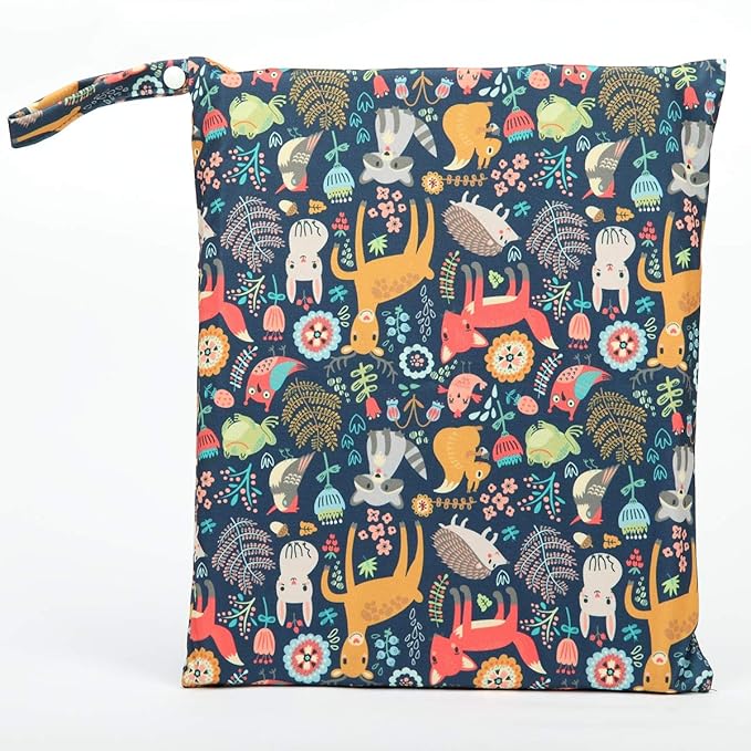 Wet Bag Baby Cloth Diaper Nappy Insert Reusable Washable With Two Zipper Pockets (Forest Animal Fox Owl)