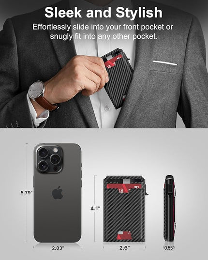 typecase Mens Wallet Card Holder: Pop Up Card Case, Genuine Leather, RFID Blocking, Smart, Slim, Minimalist, Thin - 13 Card Capacitiy, ID Window, Cash Strap (Carbon Fiber)